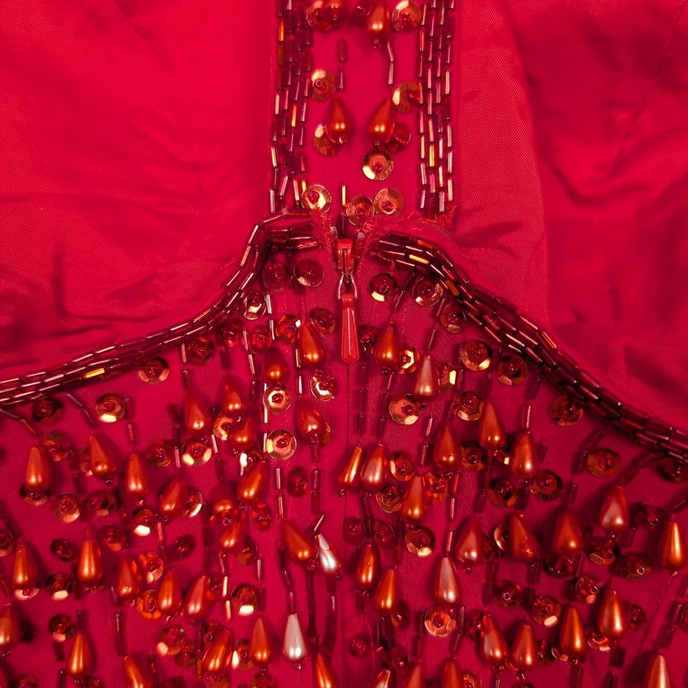 Vintage Alyce Designs Red Beaded Halter Slit Formal Gown Size 10 - Picture 6 of 8